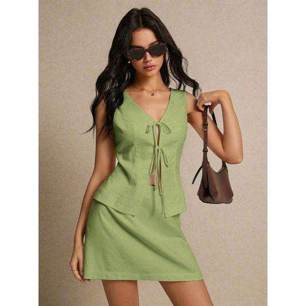 Solid Color Front Tie Vest And Skirt Two-Piece Set
