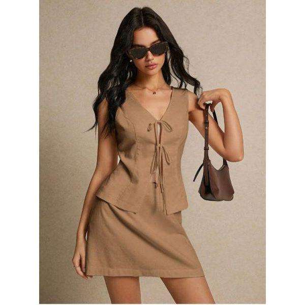 Solid Color Front Tie Vest And Skirt Two-Piece Set