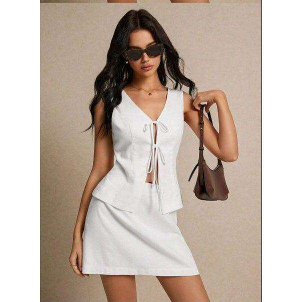 Solid Color Front Tie Vest And Skirt Two-Piece Set