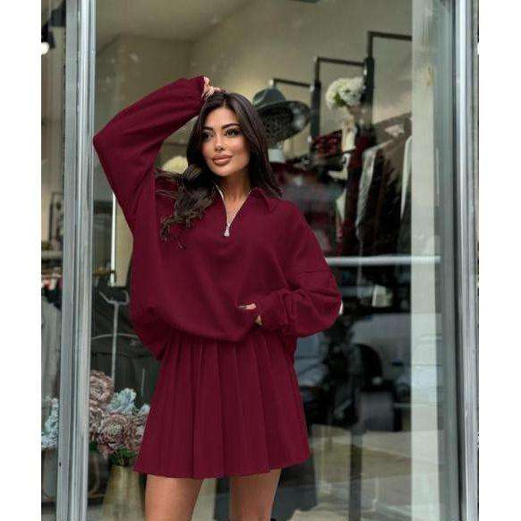 Half-zipped Drop Shoulder Top And Skirt Casual 2pcs Set