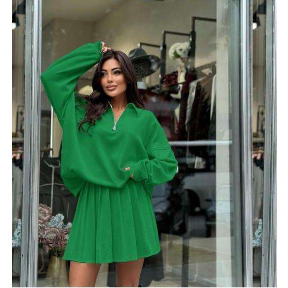 Half-zipped Drop Shoulder Top And Skirt Casual 2pcs Set