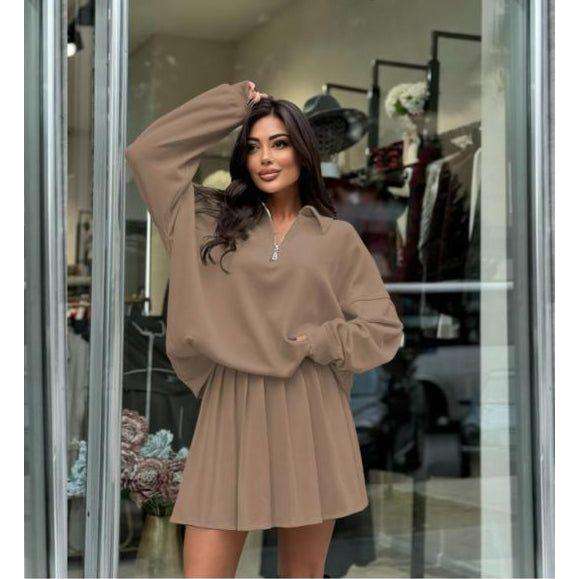 Half-zipped Drop Shoulder Top And Skirt Casual 2pcs Set