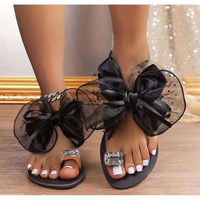 Bow Knot And Jewel-Encrusted Thumb Buckle Flat Slipper