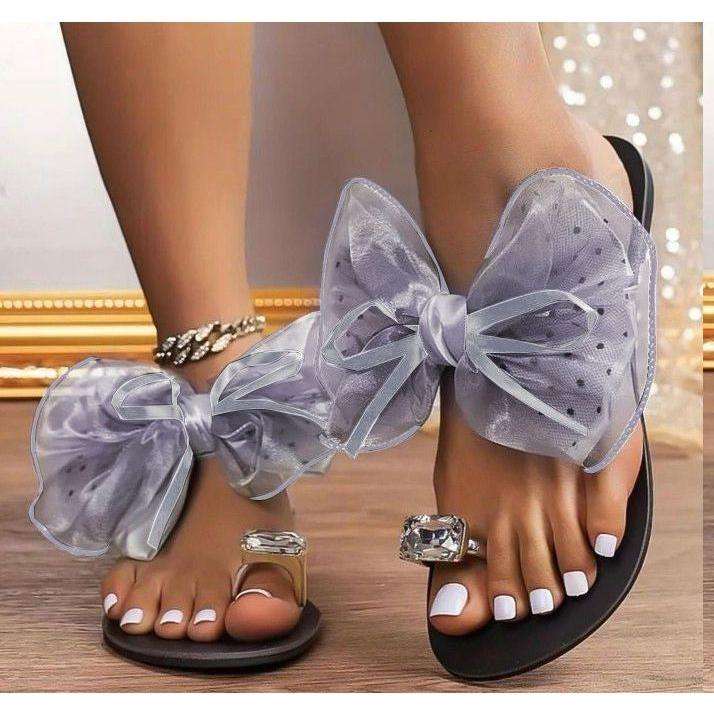 Bow Knot And Jewel-Encrusted Thumb Buckle Flat Slipper