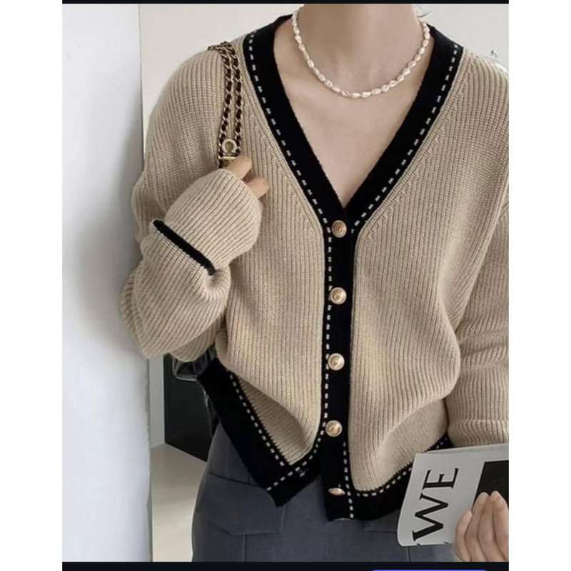 V-Neck Plain Contrast Trim Cardigan