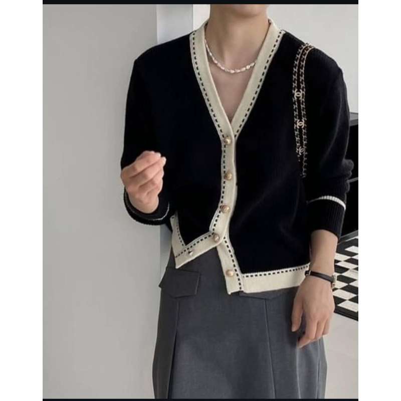 V-Neck Plain Contrast Trim Cardigan