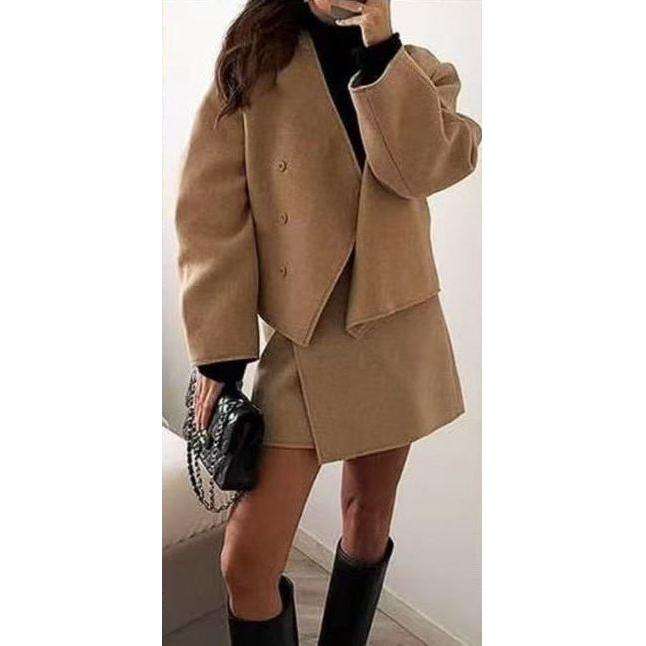 Solid V Neck Open Stitch Jacket & Mini Skirt Set
