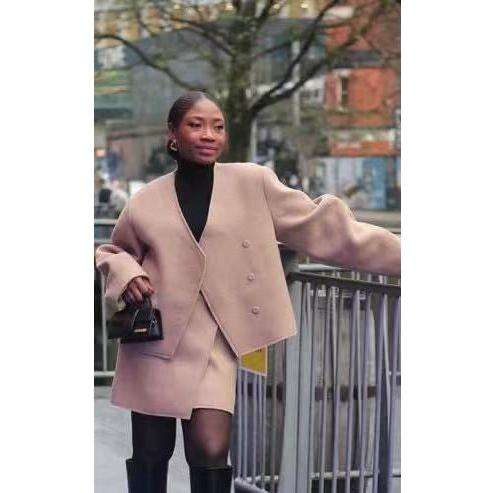 Solid V Neck Open Stitch Jacket & Mini Skirt Set