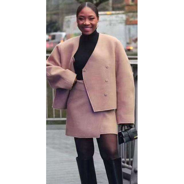 Solid V Neck Open Stitch Jacket & Mini Skirt Set