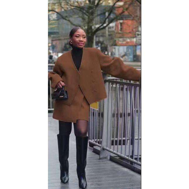 Solid V Neck Open Stitch Jacket & Mini Skirt Set