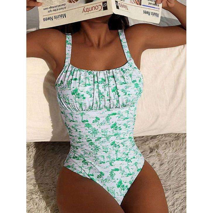 Coconut Tree Printed Strap Sexy Beach One Piece Swimsuit