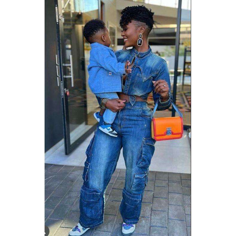 Denim Crop Jacket and High Waist Long Cargo Pants Set