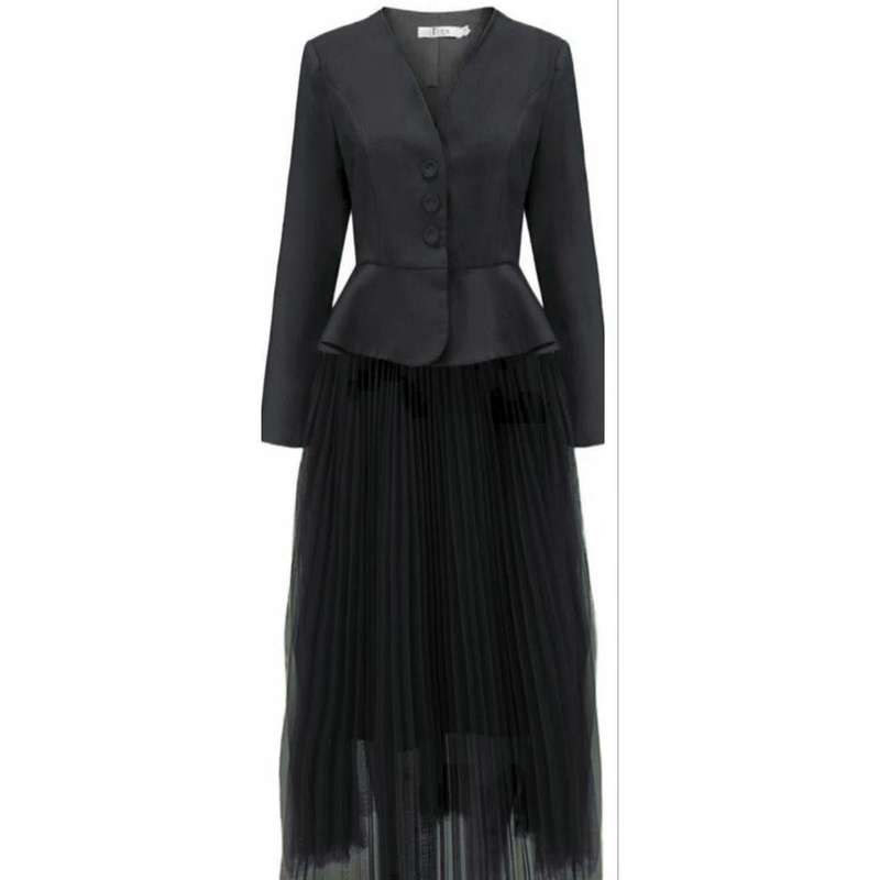 2 Pcs Set V-neck Long Sleeve Spliced Blazer Set