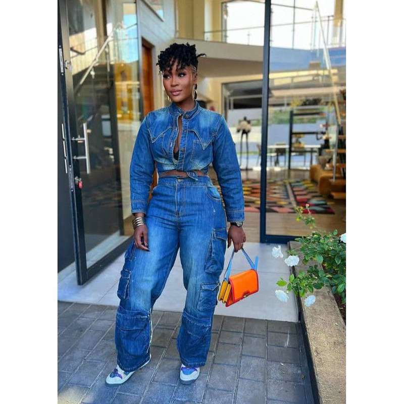 Denim Crop Jacket and High Waist Long Cargo Pants Set