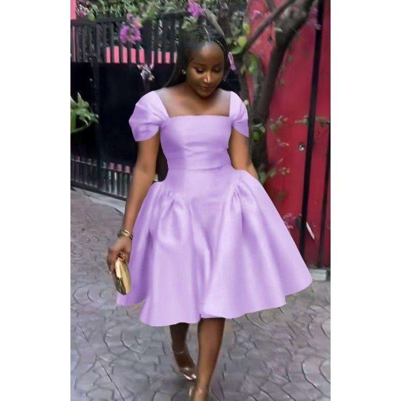 Off Shoulder Silk Pleat Knee Dress