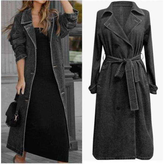 Denim Trench Belt On Waist Double-breasted Long Jackets