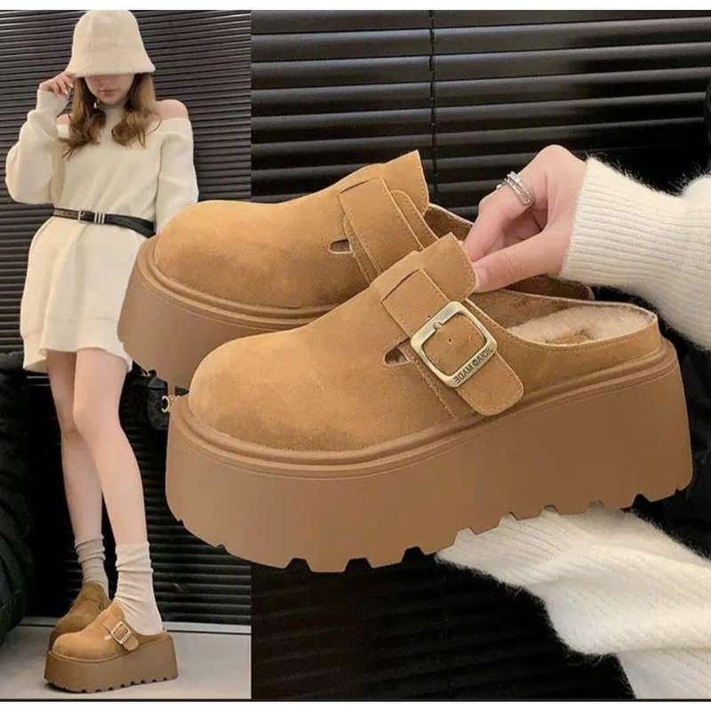 High Platform Leather Chunky Mesh Slippers