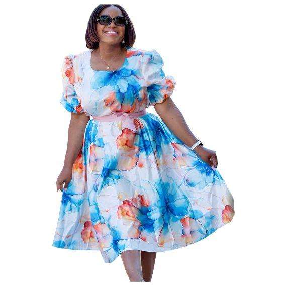 Floral Pleated Print Fit and Flare Midi Dress