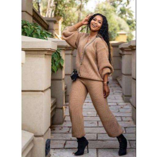 2 Piece Knitted Long Sleeved Cardigan  & Loose Pants