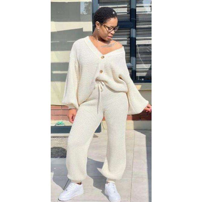 2 Piece Knitted Long Sleeved Cardigan  & Loose Pants