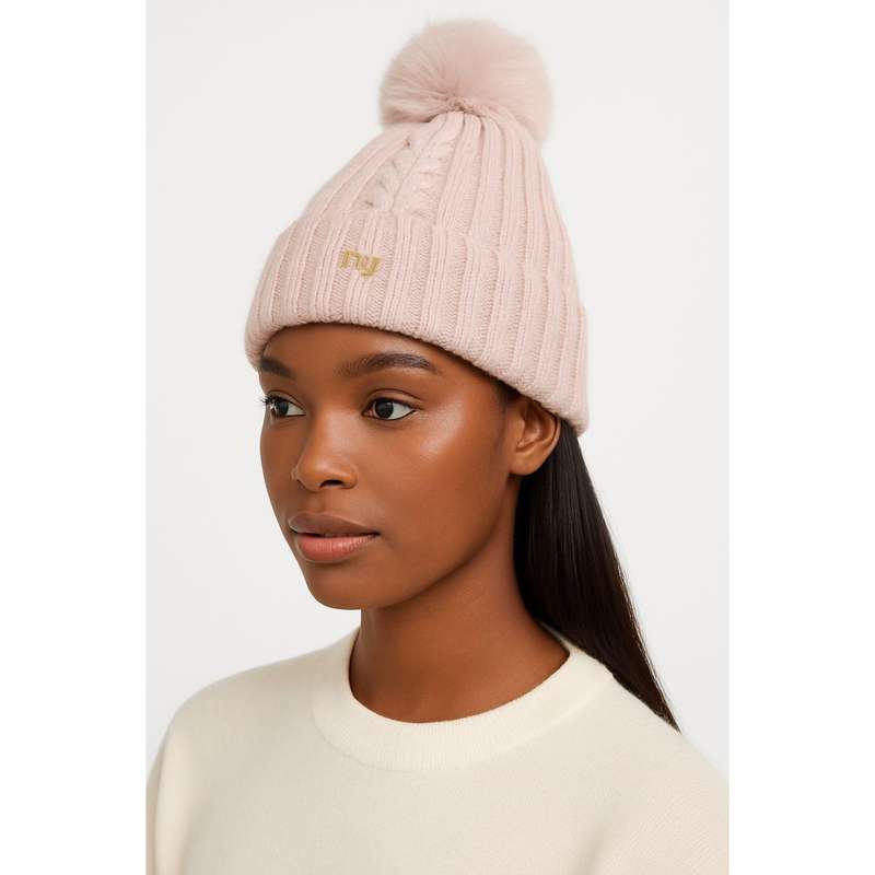 Warm Winter Hat with Faux Fur Bobble Beanie Hat