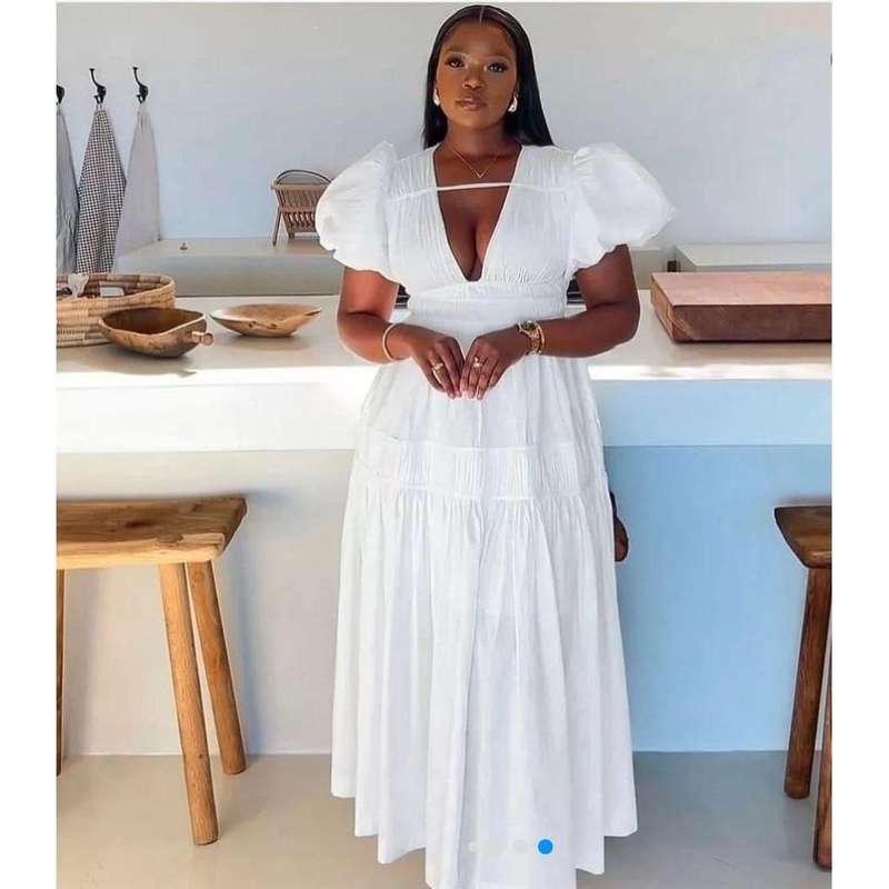 V-Neck Detailed Puffer Sleeve Maxi Dress
