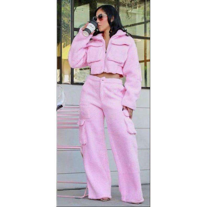 Tracksuits Solid Jacket With Cargo Pants Two Piece Set