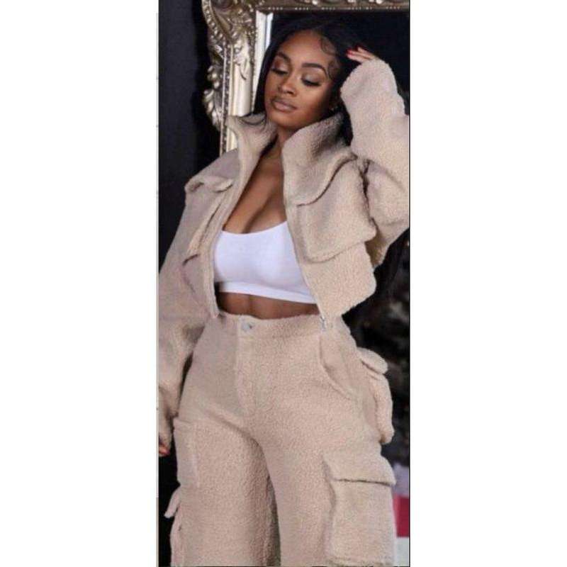 Tracksuits Solid Jacket With Cargo Pants Two Piece Set