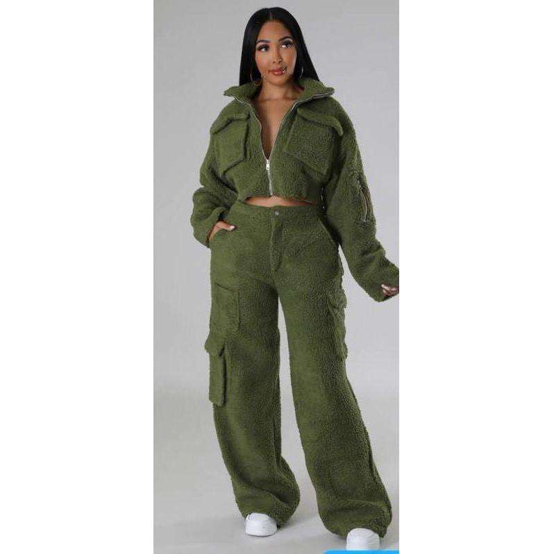 Tracksuits Solid Jacket With Cargo Pants Two Piece Set
