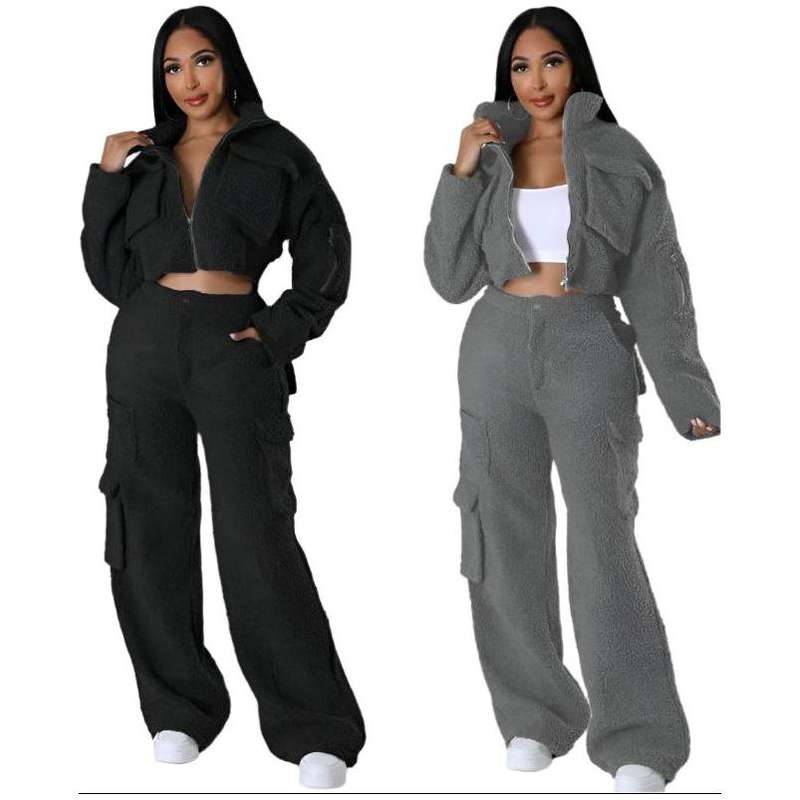 Tracksuits Solid Jacket With Cargo Pants Two Piece Set