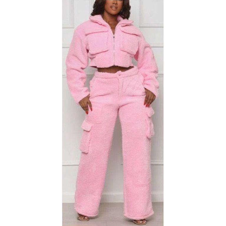Tracksuits Solid Jacket With Cargo Pants Two Piece Set