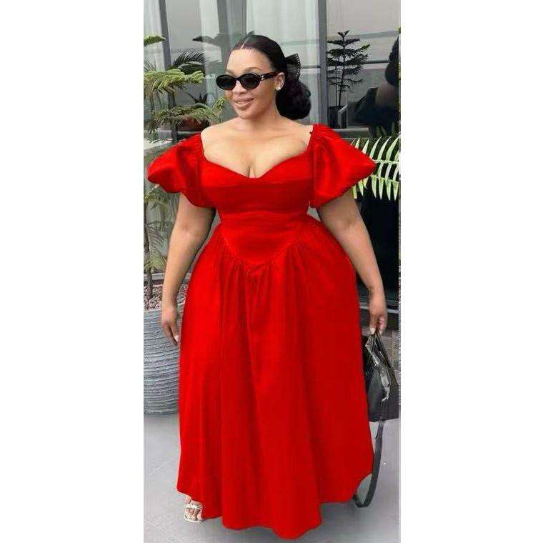 Sweetheart Collar Cap Sleeve Ruched Swing Maxi Dress