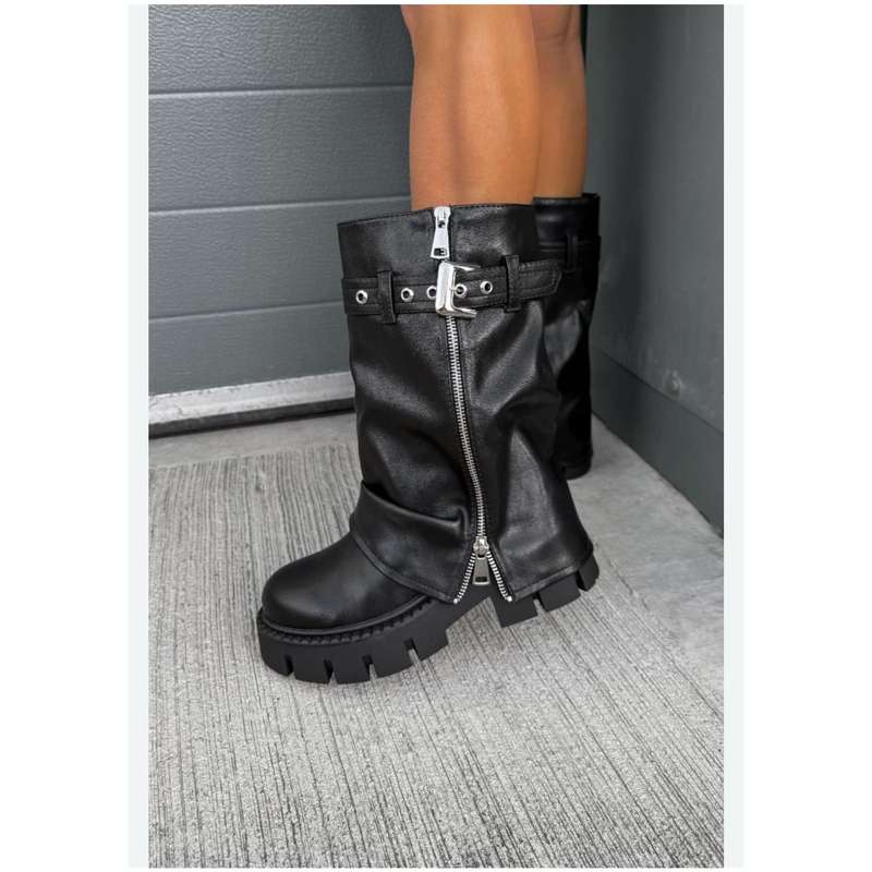 Leather Chunky Heel Mid Calf Platform Over Knee Boots Fold Over Boots