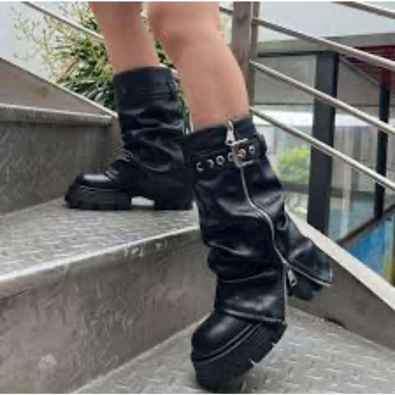 Leather Chunky Heel Mid Calf Platform Over Knee Boots Fold Over Boots