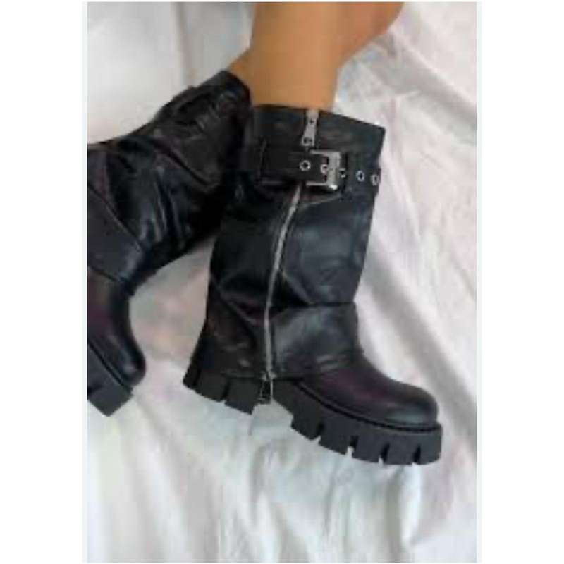 Leather Chunky Heel Mid Calf Platform Over Knee Boots Fold Over Boots