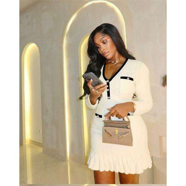 Long Sleeve Pleated A Line Retro Midi Dress.