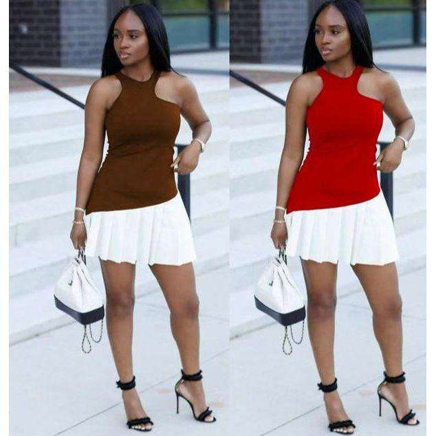 Sleeveless Pleated Mini Dress.
