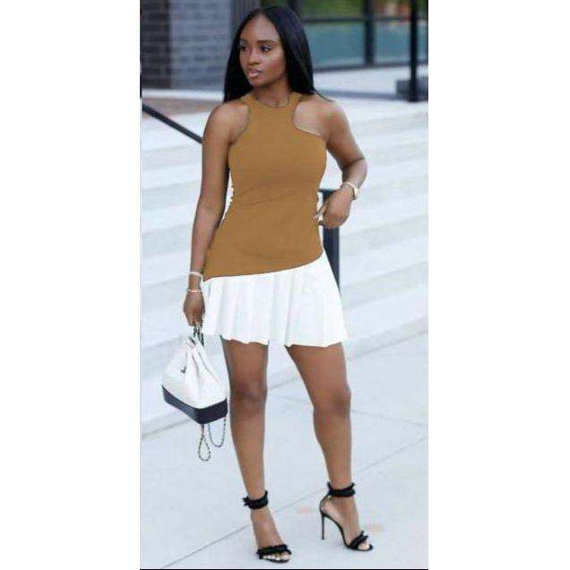 Sleeveless Pleated Mini Dress.