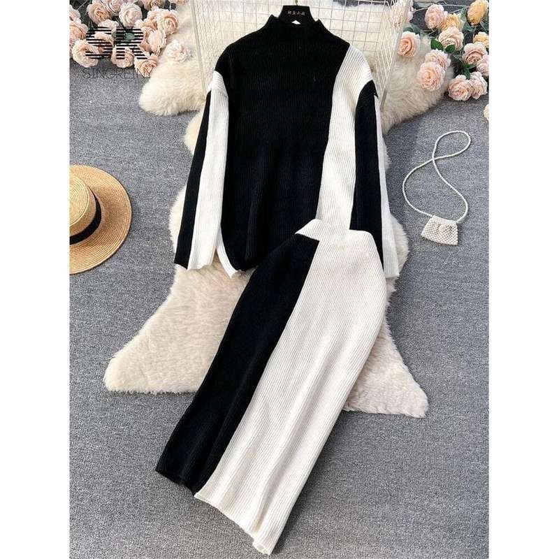 2 Tone Turtleneck Drop Shoulder Sweater & Knit Midi Skirt