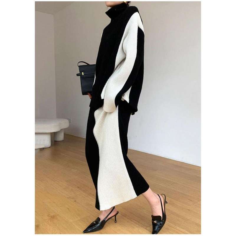 2 Tone Turtleneck Drop Shoulder Sweater & Knit Midi Skirt