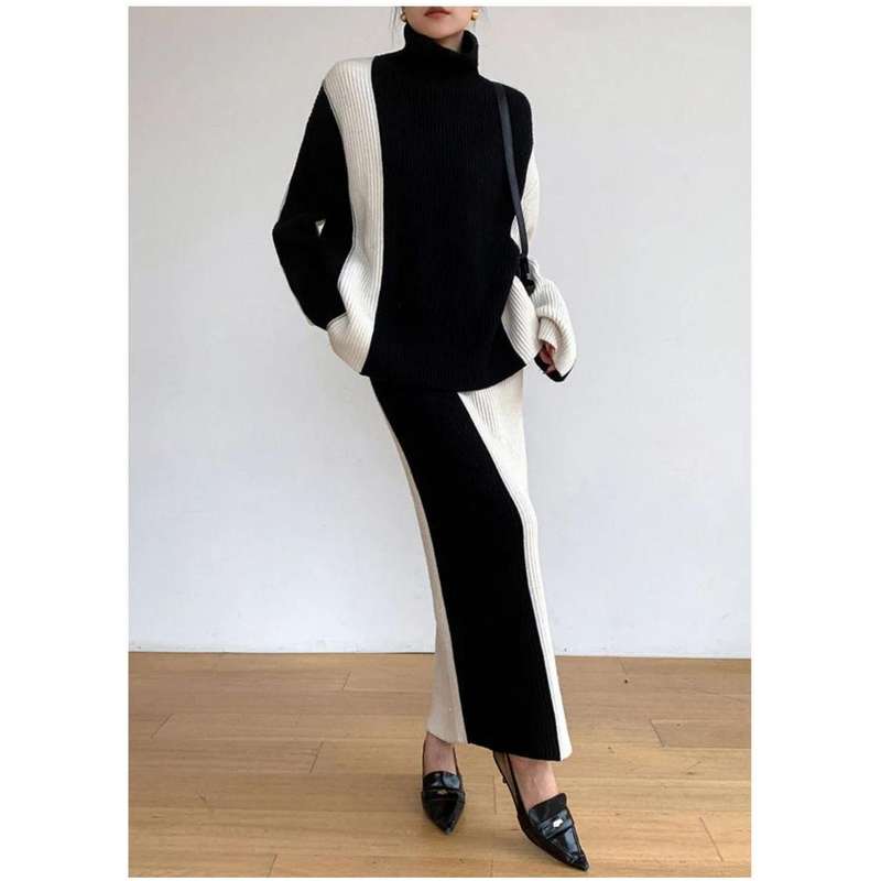 2 Tone Turtleneck Drop Shoulder Sweater & Knit Midi Skirt