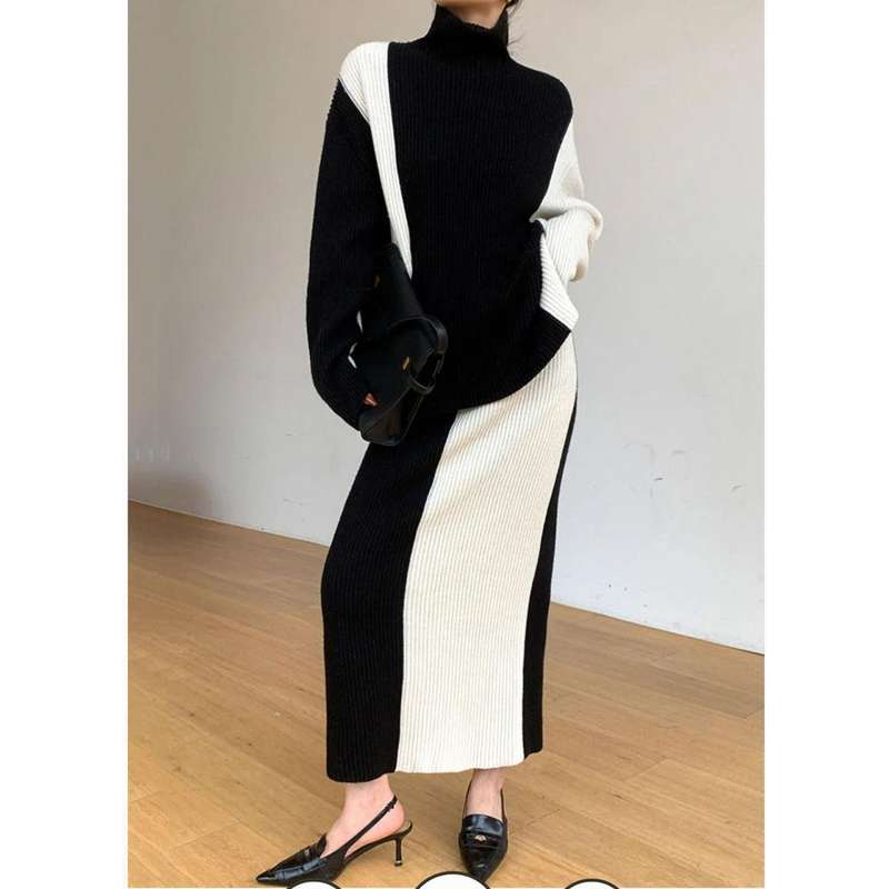 2 Tone Turtleneck Drop Shoulder Sweater & Knit Midi Skirt