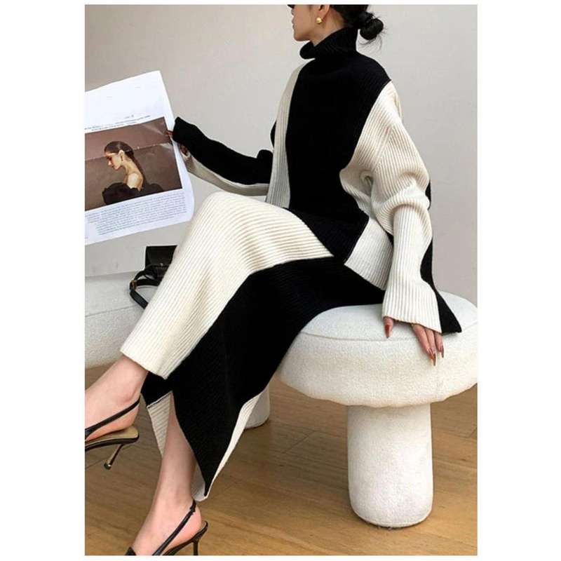 2 Tone Turtleneck Drop Shoulder Sweater & Knit Midi Skirt