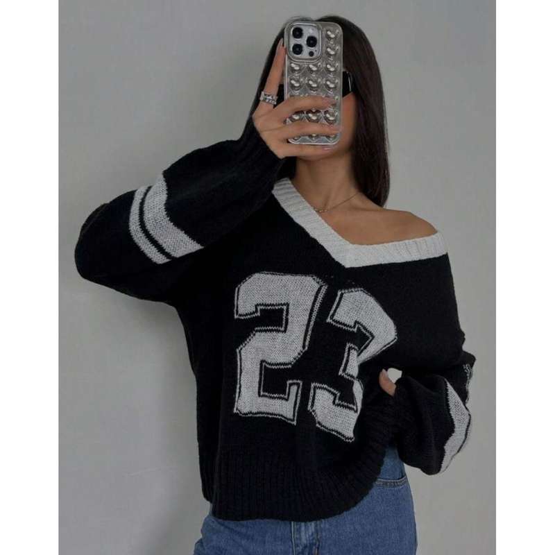 Numerical Pattern Long Sleeve Knitted Jersey