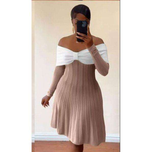 Open Shoulder Knitted Contrast Panel Bodycon Dress