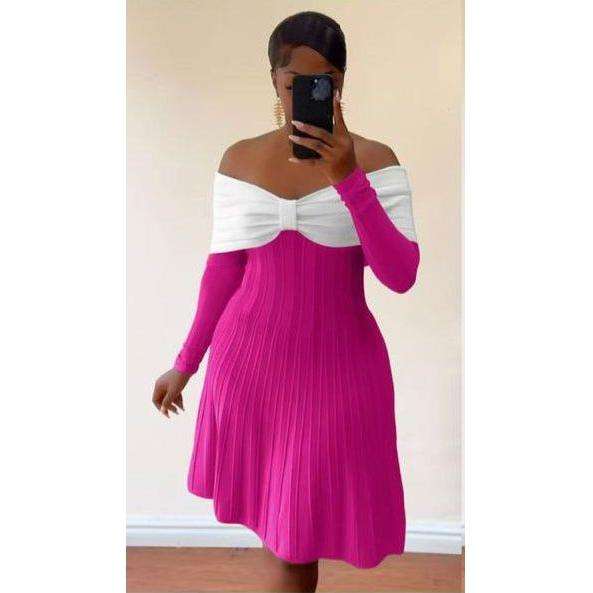Open Shoulder Knitted Contrast Panel Bodycon Dress