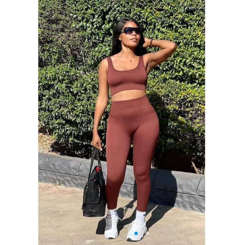 Ribbed Knitted 2 Piece Set Gym Crop Tank Leggings Set