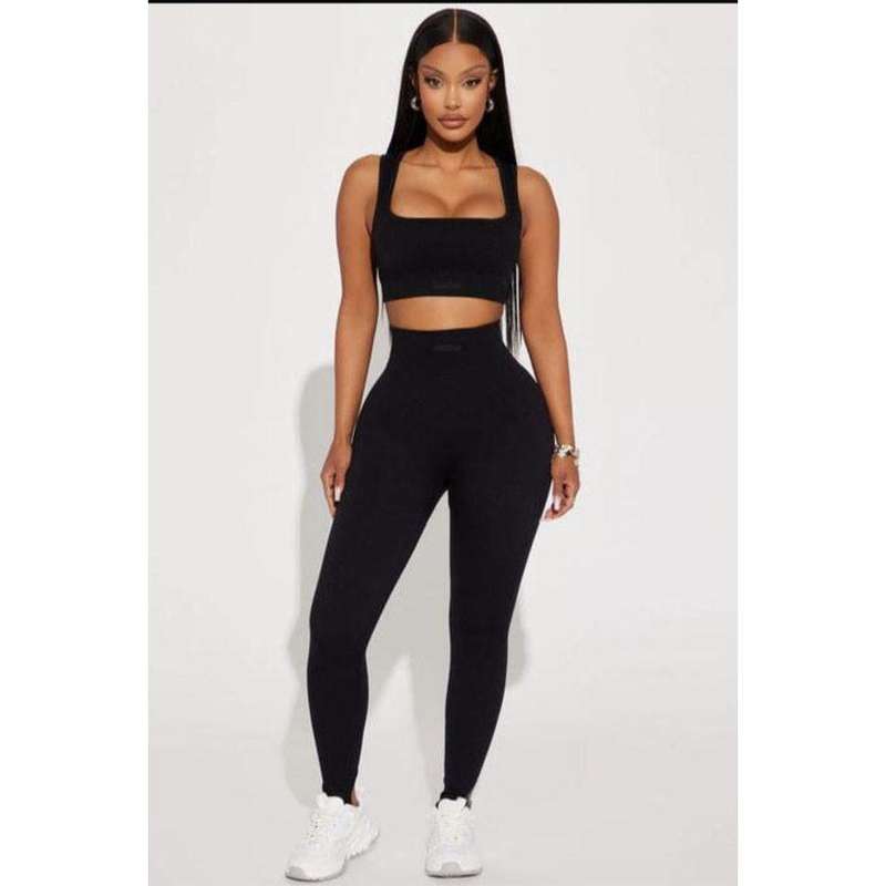 Ribbed Knitted 2 Piece Set Gym Crop Tank Leggings Set