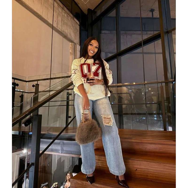 Round-Neck Numbers Print Pullover Sweater