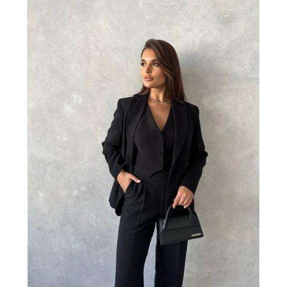 Solid Color Suit Buttoned Jacket, Vest And Pants Set